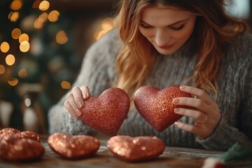 Naklejka premium A woman joyfully holds glittering heart decorations, preparing for Saint Valentine's Day, surrounded by a warm and festive atmosphere filled with love.
