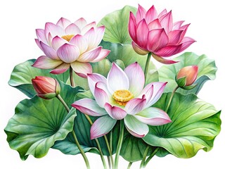 Naklejka premium Watercolor Lotus Flowers and Leaves on White Background - Serenity Stock Photo