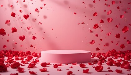 Happy Valentine's Day banner with a heart-shaped podium surrounded by floating red rose petals on a pink gradient background. Ideal for product placement in romantic campaigns, posters with copy space