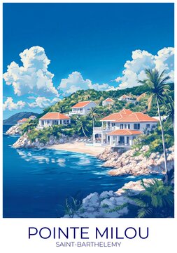 Pointe milou Saint-barthelemy Travel Poster Flat Illustration Print Decor Gift Canvas Wall Art Gift