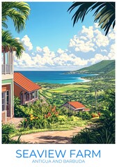 Obraz premium Seaview farm Antigua and barbuda Travel Poster Flat Illustration Print Decor Gift Canvas Wall Art Gift