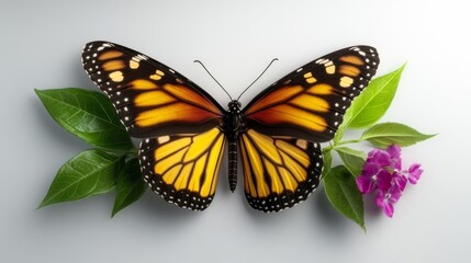 Fototapeta premium Monarch Butterfly on White Background with Green Leaves. Generative AI