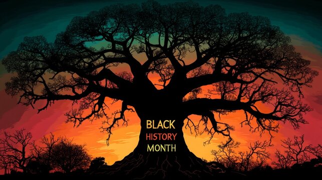 Majestic Tree Silhouette with Vibrant Sunset Sky Celebrating Black History Month