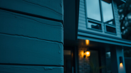 Fototapeta premium Modern House Exterior at Dusk: Teal Siding and Brick Accents. Captivating Architectural Design in Evening Light