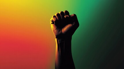 Vibrant Unity: Raised Fist Against Colorful Gradient Background Symbolizing Strength and Solidarity black history month