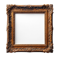 A simple square brown wooden frame is shown against a black background the frame is empty ready to display art or photos