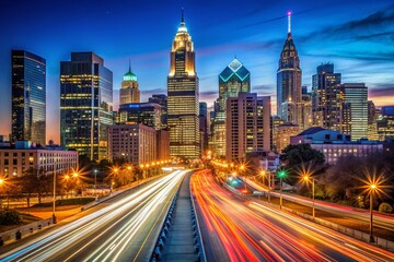 Fototapeta premium Long Exposure Cityscape: Philadelphia Skyscrapers at Night