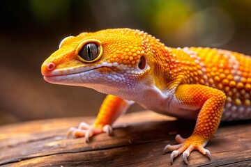 Obraz premium Tangerine Leopard Gecko Close-up: Vibrant Reptile Stock Photo