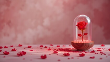 Happy Valentine's Day banner with a glass dome containing a glowing red rose, surrounded by a heart-shaped wooden base. Perfect for romantic product placements and ads with copy space.