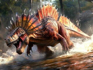 Obraz premium Fiery dinosaur charging through river, forest background; fantasy game asset