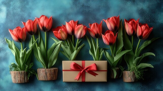 Bunch of vibrant red tulips arranged on a wooden table in natural light showcasing their beauty and freshness valentine day