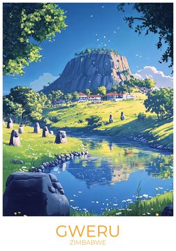 Gweru Zimbabwe Travel Poster Flat Illustration Print Decor Gift Canvas Wall Art Gift
