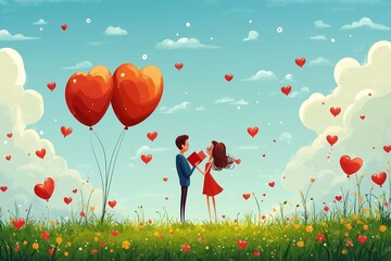 A couple shares a romantic moment under heart-shaped balloons, exchanging a love letter on Saint Valentine's Day, surrounded by a field of flowers and hearts.