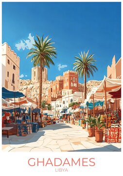 Ghadames Libya Travel Poster Flat Illustration Print Decor Gift Canvas Wall Art Gift