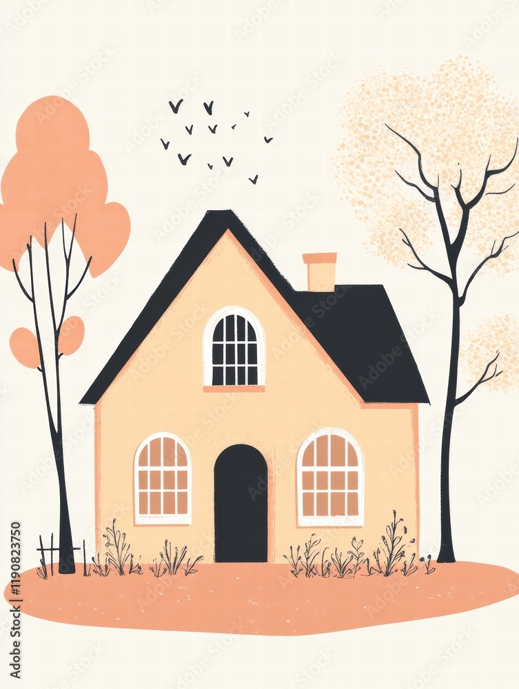 Poster Charming silhouette of a cozy house with a garden under a warm atmosphere with trees and birds in the sky. Generative AI