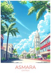 Naklejka premium Asmara Eritrea Travel Poster Flat Illustration Print Decor Gift Canvas Wall Art Gift