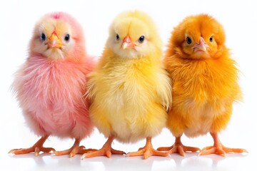 Fototapeta premium Three Adorable Chickens Isolated, White Background, Farm Animals, Poultry, Bird
