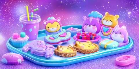 Colorful Cartoon Snack Tray with Cute Animal Treats in a Cosmic Setting for Kids' Parties