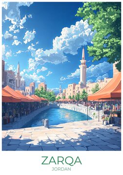 Zarqa Jordan Travel Poster Flat Illustration Print Decor Gift Canvas Wall Art Gift
