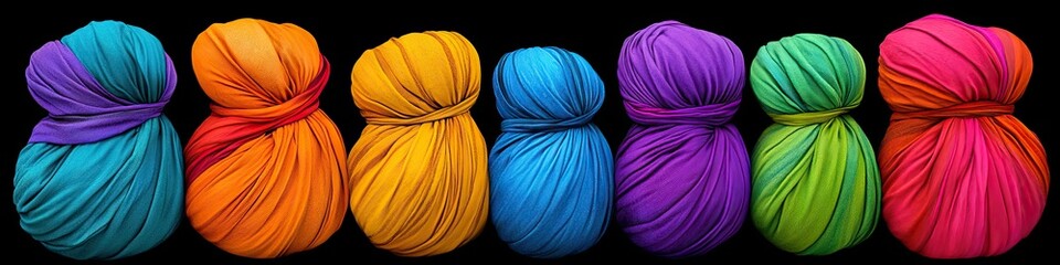 Colorful fabric-wrapped bundles in turquoise, orange, yellow, blue, purple, green, and pink hues, artistically arranged against a black background - AI Generated Digital Art