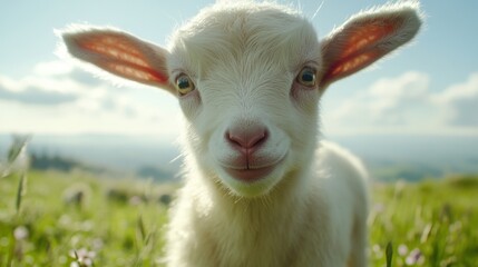 Obraz premium Curious Baby Goat in a Lush Pasture Setting