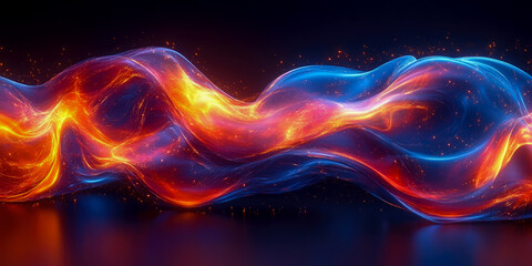 Abstract fiery and icy waves digital art: a mesmerizing blend of orange, red, and blue hues creating a dynamic, flowing composition