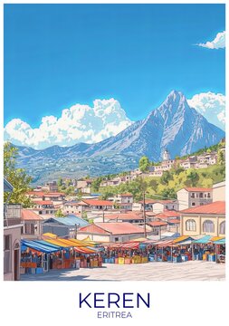 Keren Eritrea Travel Poster Flat Illustration Print Decor Gift Canvas Wall Art Gift