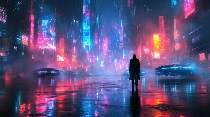 Neon Cyberpunk City with Silhouetted Figure. Generative AI