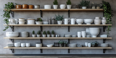 Fototapeta premium Stylish Kitchen Shelving with White Dishes and Greenery: Modern Farmhouse Decor