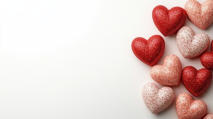 Obraz premium Red and white heart shapes scattered on a plain white background for decorative purposes valentine day