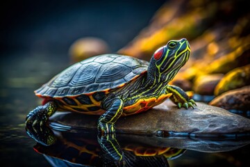 Fototapeta premium Low Light Aquatic Turtle on Stone - Trachemys scripta Night Photography