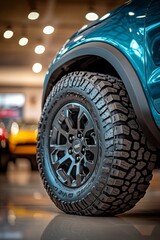 Rugged Off-Road Tire Closeup on Showroom Floor, Automotive Photography, Vehicle Detail