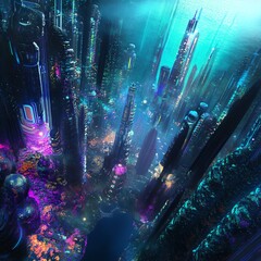 Obraz premium Futuristic underwater city glowing with vibrant neon lights. High-tech architecture and bioluminescent flora create a stunning, surreal seascape.