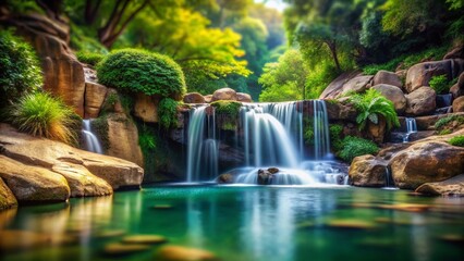 Tranquil Waterfall Cascading Through Weathered Rocks in Lush Greenery - Tilt-Shift Photography