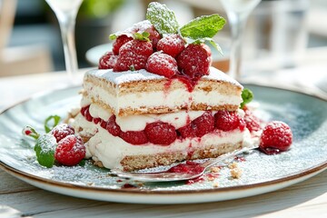 Layers of fluffy cream and fresh raspberries are beautifully stacked, garnished with mint,...