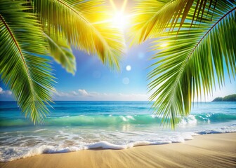 Obraz premium Tropical Beach Summer Vacation: Sunny Sky, Palm Trees, Ocean Waves & Refreshing Drinks