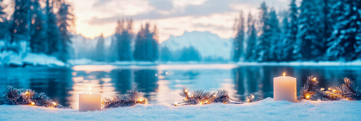 Serene Winter Solstice: Candles and Evergreens by a Frozen Lake at Sunset