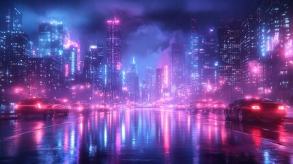 Naklejka premium Cyberpunk Cityscape with Neon Lights. Generative AI