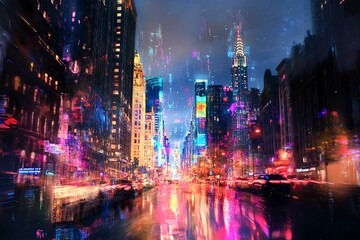 Vibrant digital painting of a futuristic city street at night, reflecting neon lights in wet pavement.  Cyberpunk aesthetic.