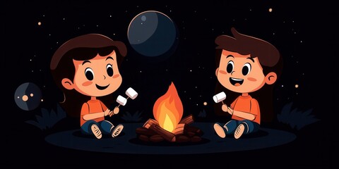 Children's campfire adventure: nighttime marshmallow roasting illustration for cards and posters