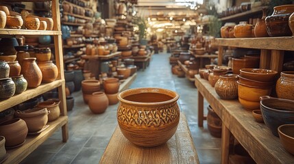 Rustic pottery shop interior with handcrafted clay pots and vases.