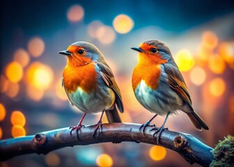 Two Vibrant Orange Birds Perched on a Branch, Urban Bokeh Background - Stock Photo