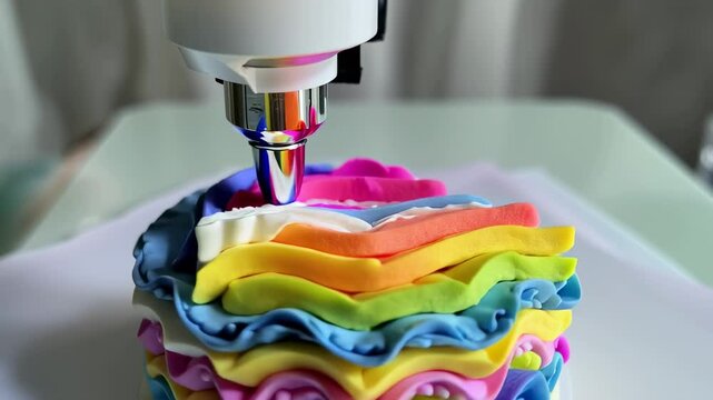 Cake decoration with colorful icing using an innovative piping tool at a baking studio