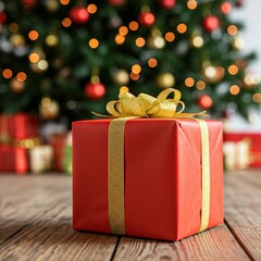 A red gift box with a gold ribbon sits in front of a beautifully decorated Christmas tree.