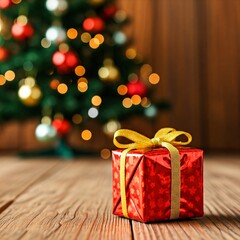 A red gift box with a gold ribbon sits in front of a beautifully decorated Christmas tree.