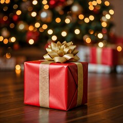 A red gift box with a gold ribbon sits in front of a beautifully decorated Christmas tree.