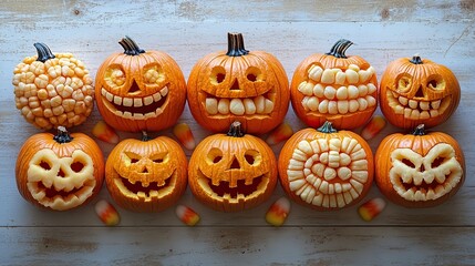 Halloween pumpkins and candy corn arranged on a white wooden surface, offering a clean background for festive designs