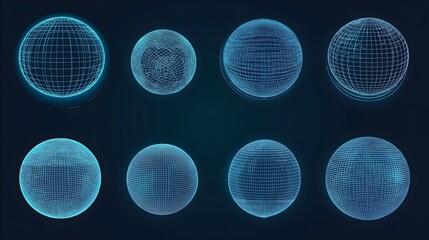 Digital Globes: Eight glowing digital globes showcase interconnectedness of a technological marvel. This futuristic image represents a conceptual view of a world connected and data-driven.