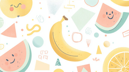 cute-fruit-pattern-banana-watermelon-orange-smiling-cartoon-hand-drawn-illustration-background-design