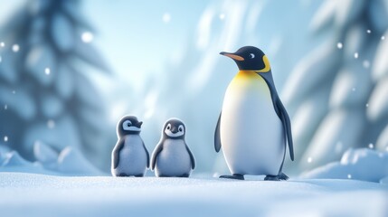 Fototapeta premium Penguin family with babies in a snowy Arctic winter landscape, serene and heartwarming